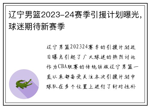 辽宁男篮2023-24赛季引援计划曝光，球迷期待新赛季